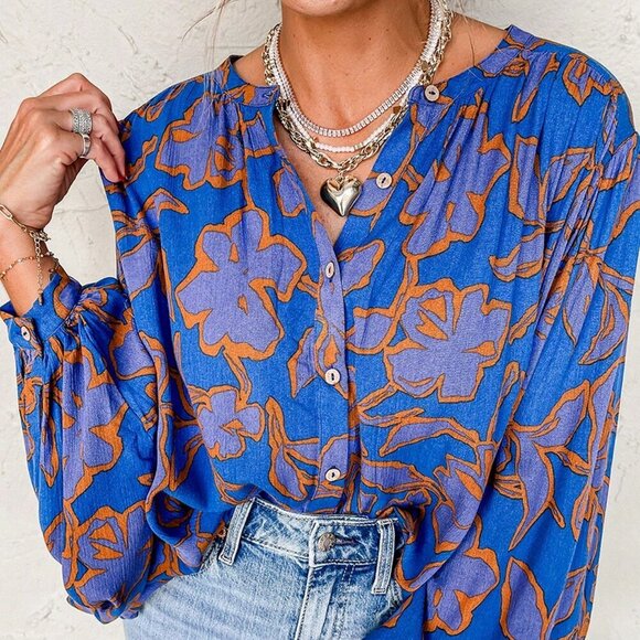 Multicolor Casual Women's Floral Print Batwing Sleeve Buttoned Loose Fit Shirt - Picture 4 of 10